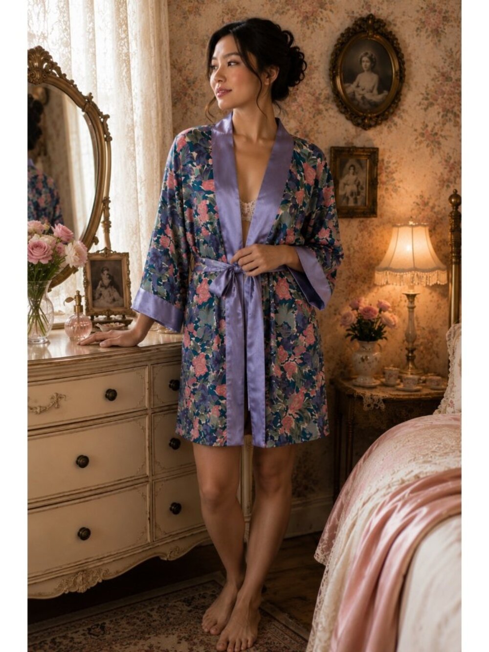 Vintage Victoria’s Secret Floral Satin Trim Belted Lounge Robe One Size USA